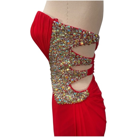 La Femme Strapless Rhinestone Embellished Cut Out High Slit Maxi Dress Red - Picture 11 of 13